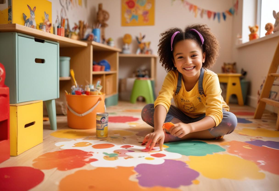 Kid Painting the Floor with Stencil 